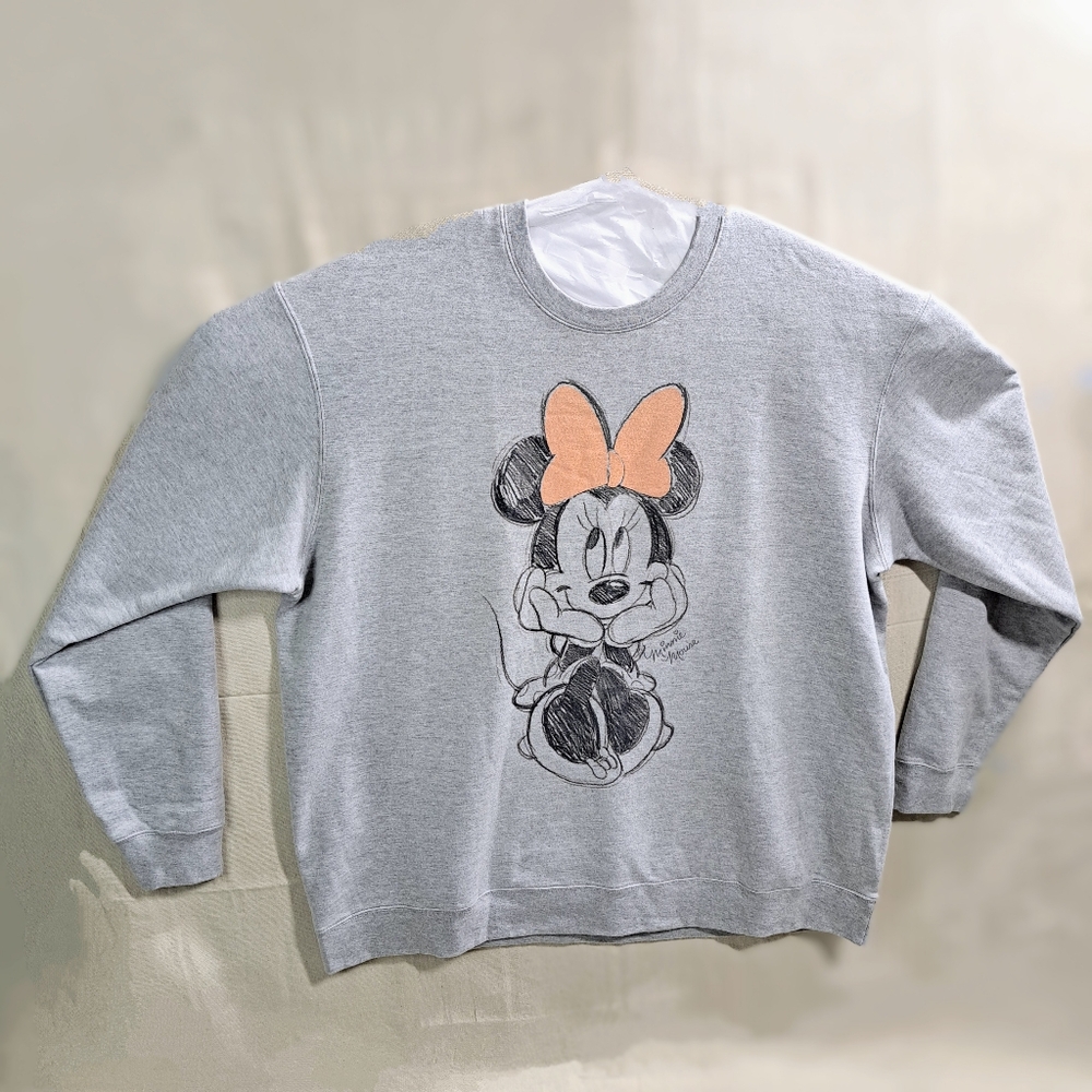 Disney 2XL Wm Grey Minnie Mouse Sketch Pink Bow Graphic Long Sleeve Sweatshirt